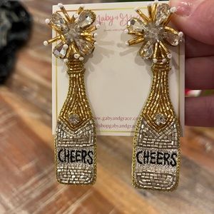Silver and gold CHEERS champagne bottle earrings